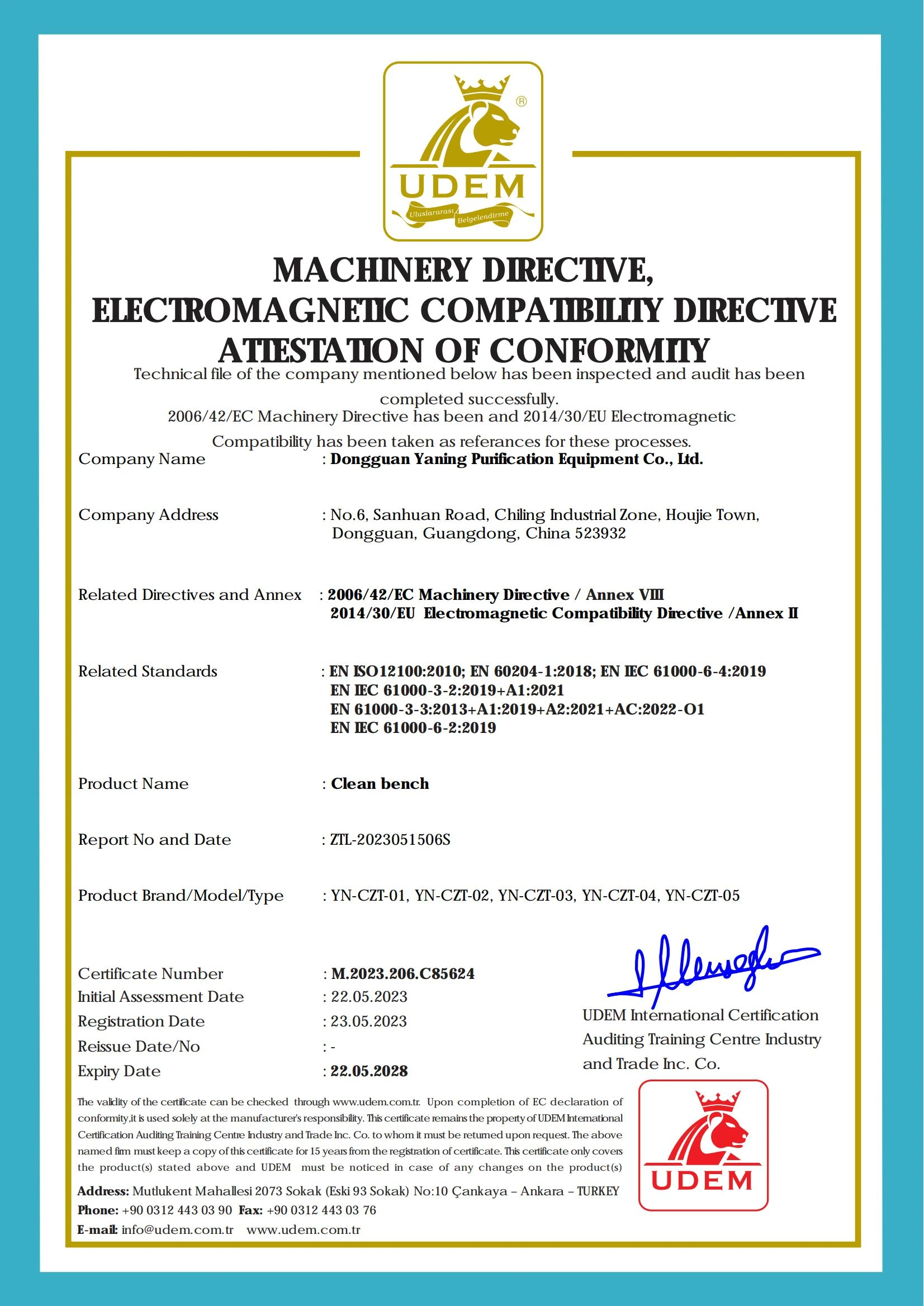 YaningClean Cleanbench Machinery Directive Electromagnetic Compatibility Directive Attestation Of Conformity
